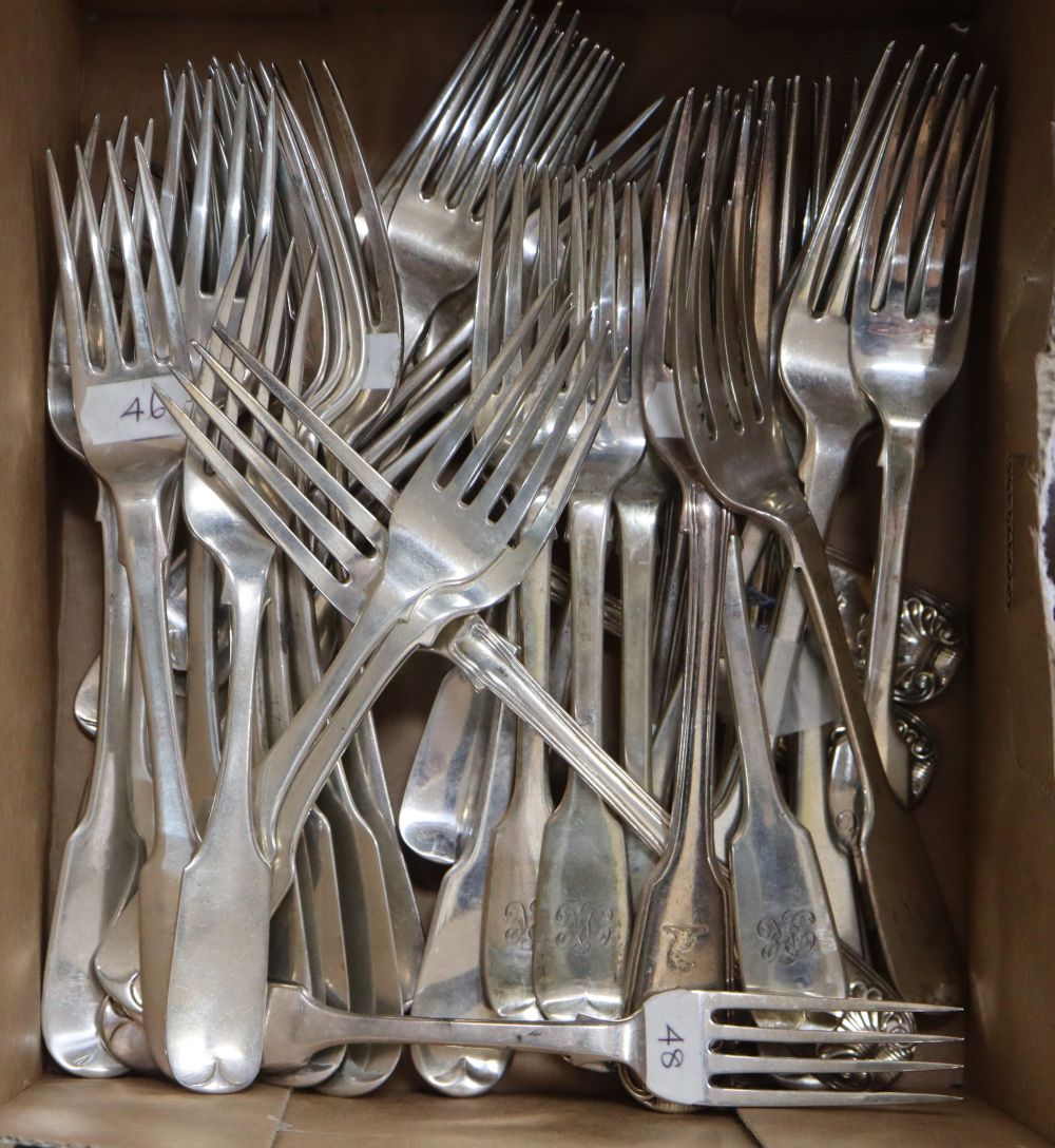 Forty mainly 19th century assorted silver table forks and dessert forks, various patterns, dates and makers,